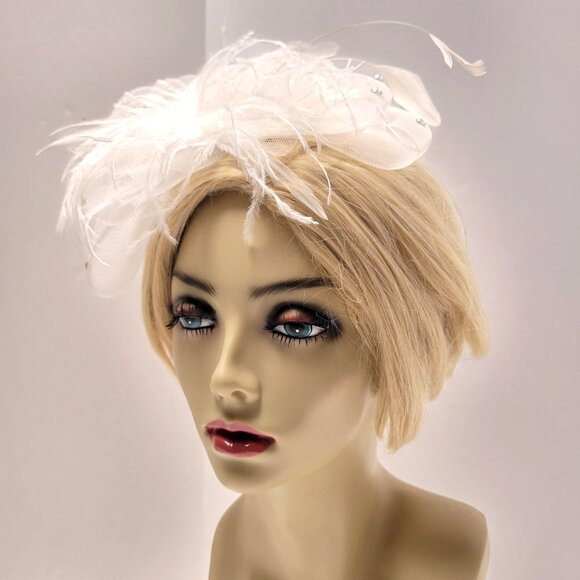 White Bow & Feathers Fascinator Hair Clip Hair Accessory - Picture 2 of 14
